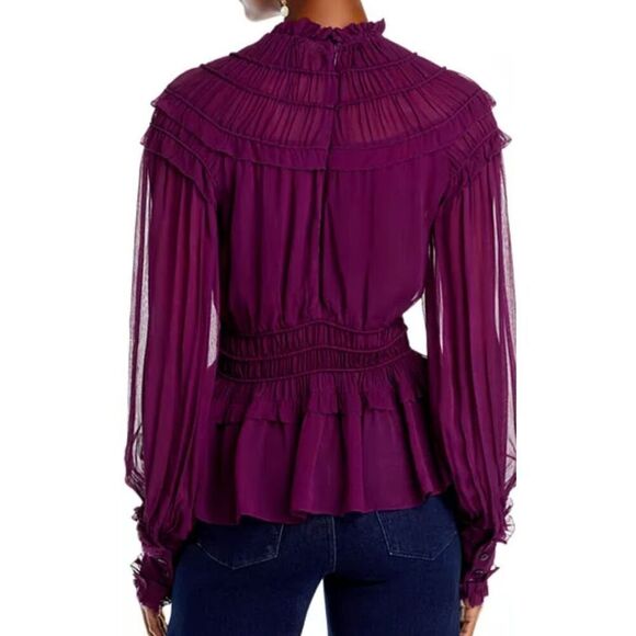Farm Rio 315975 Women's Sz XS Burgundy Long Sleeve Ruffled Peplum Top - Picture 9 of 9